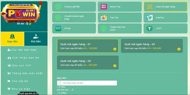Nạp tiền PKWIN qua quét mã ngân hàng 