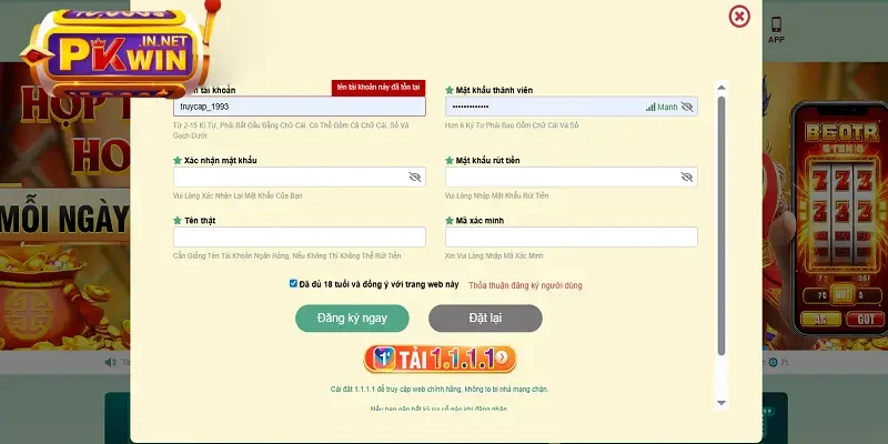 Thông tin đăng ký tài khoản PKWIN 